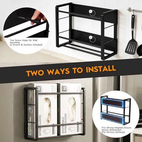 Magnetic Glove Holder for wall Mount,Holds Up to 2 Boxes,Wall & Refrigerator Mount,Metal Glove Box Holder Wall Mount for Rubber Latex Disposable Gloves Facial Tissue and Storag(Black)
