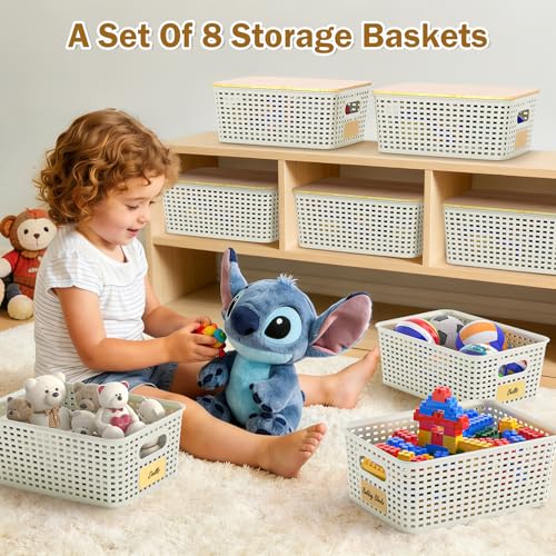 Stackable Storage Baskets: 8 Pack Plastic Baskets Bins, White - color: White