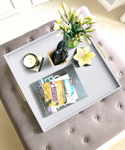 HofferRuffer Extra Large Square Serving Tray, Elegant Faux Leather Ottoman Tray with Gold Hardware Handles, Serve Tea, Coffee or Breakfast in Bed, 24 x 24 inches (White Shagreen) - color: White Shagreen, size: 24" x 24" x 2"