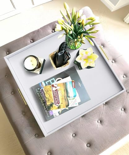 HofferRuffer Extra Large Square Serving Tray, Elegant Faux Leather Ottoman Tray with Gold Hardware Handles, Serve Tea, Coffee or Breakfast in Bed, 24 x 24 inches (White Shagreen) - color: White Shagreen, size: 24" x 24" x 2"