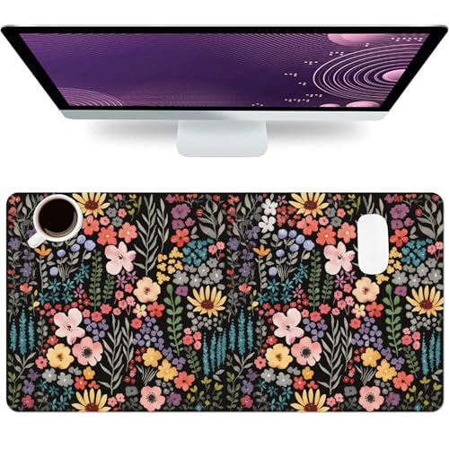 Floral Desk Mat, Cute Flower Large Mouse Pad, Black 27.5"x13.8" - color: A Flowers - Black, size: 27.5" x 13.8"