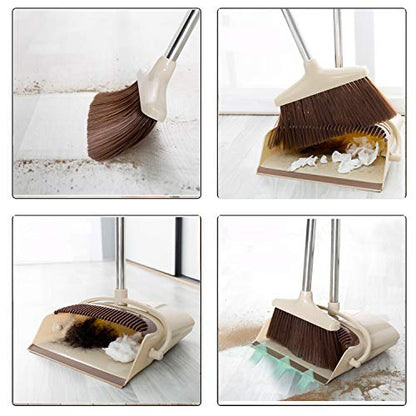 Broom and Dustpan Set Upright Self-Cleaning Sweeping Standing Set Use for Office Kitchen Home and Lobby Broom and Dustpan Combo (Beige)