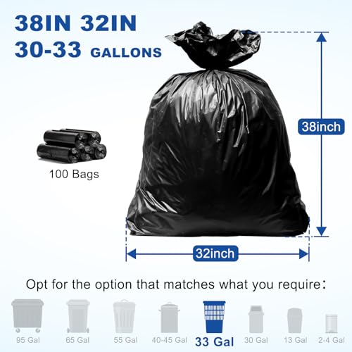 30-33 Gallon Trash Bags, 0.9MIL,100 Count, 32"x38" Black Garbage Bags, Bolsas de Basura, Durable & Puncture-Resistant, Heavy Duty Trash Can Liners,Made in USA for Commercial, Industrial - style: 33Gal-100 pcs-0.9