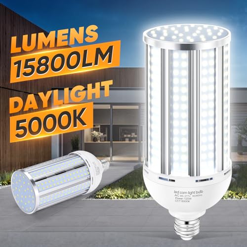 XYCN 2 Pack 120W Corn LED Light Bulb Fanless,5000K Daylight(1200 Watt Equivalent) E26/E39 Large Mogul Base LED Cob Lamp 15,800LM for Outdoor Indoor Garage Warehouse Factory Workshop Street Backyard - size: 120W 2pack corn bulb