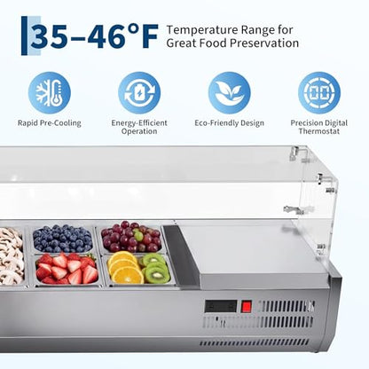 Refrigerated Condiment Prep Station, 130W Countertop Refrigerated Condiment Station, with One 1/3 & Four 1/6 Pans, 304 Stainless Body and PC Lid, Sandwich Prep Table with Glass Guard, ETL Certified - size: E40TW