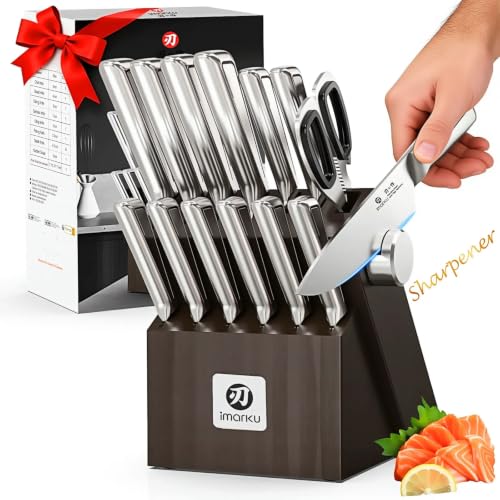 imarku G14 Japanese Kitchen Knife Set, Stainless Steel with Block, 14pc - color: Gray, size: 14 Pcs