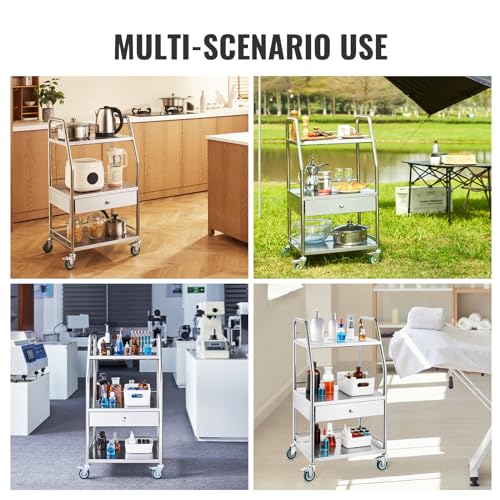 VEVOR Stainless Steel Utility Cart with 3 Shelves & 1 Drawer, 360 Swivel Casters, 220lbs Capacity - style: 3 Shelves/ 1 Drawer