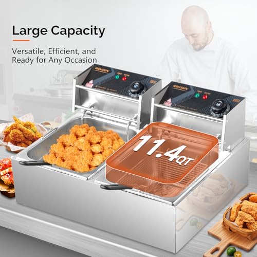 ROVSUN 22.8QT/21.6L Electric Deep Fryer, Commercial Deep Fryer with Baskets Lids Countertop, Stainless Steel Dual Tank Kitchen Fat Fryer Frying Machine for French Fries Donuts, Adjustable Temp, 3400W - size: 22.8QT