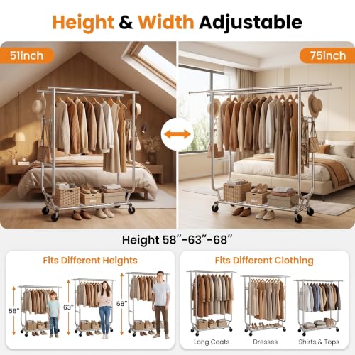 Clothes Rack, Heavy Duty Garment Rack Load 660 LBS, Rolling Clothes Rack for Hanging Clothes, Height Adjustable& Scalable& Foldable, for home or commercial, 75"x 22"x 68", Silver - color: 2 Rods& Silver