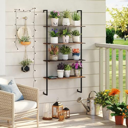Tangkula 4-Tier Wall Mounted Bookshelf, Wood Ladder Shelf - color: Brown