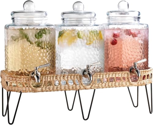 1.5 Gallon Glass Drink Dispenser for Parties 3 PACK Beverage Dispensers with Stand, Glass Water Jug Dispenser, with 18/8 Stainless Steel Spigot, Great for Party, Wedding, Picnic, BBQ Wicker Design - color: Clear - 1.5 Gallon 3 Pack
