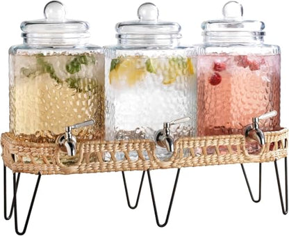1.5 Gallon Glass Drink Dispenser for Parties 3 PACK Beverage Dispensers with Stand, Glass Water Jug Dispenser, with 18/8 Stainless Steel Spigot, Great for Party, Wedding, Picnic, BBQ Wicker Design - color: Clear - 1.5 Gallon 3 Pack