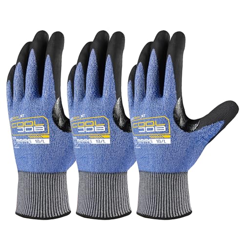 COOLJOB A9 Cut Resistant Safety Work Gloves with Grip, Touchscreen Nitrile Coated Heavy-duty for Glass Metal Sheet Handling - color: A9 Blue (Pack of 3), size: Medium