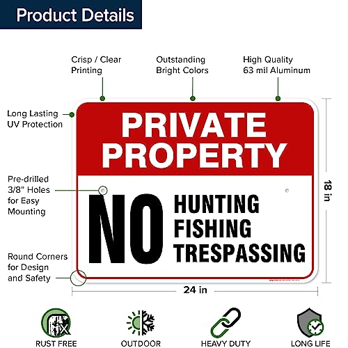 Private Property No Fishing No Hunting No Trespassing Sign, 18x24 Inches, - size: 18x24 - Aluminum