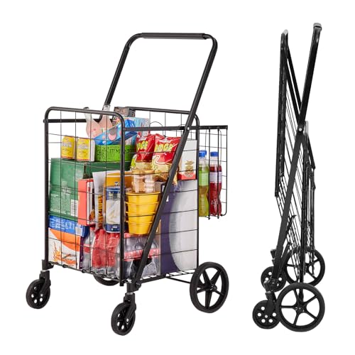 VEVOR Folding Shopping Cart, Jumbo Grocery Utility Cart with Double Baskets, 360° Swivel Wheels, 110 LBS Large Capacity Heavy Duty for Laundry, Shopping, Grocery, Luggage, Black - size: Large