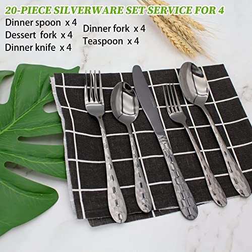 Hammered Silverware Set for 4, 20-Piece Black Flatware, 18/10 Stainless Steel Include Knife/Fork/Spoon, Tableware for Kitchen Restaurant, Dishwasher Safe (Black) - color: Black