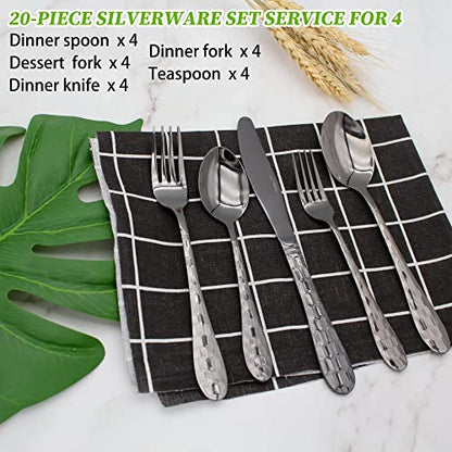 Hammered Silverware Set for 4, 20-Piece Black Flatware, 18/10 Stainless Steel Include Knife/Fork/Spoon, Tableware for Kitchen Restaurant, Dishwasher Safe (Black) - color: Black