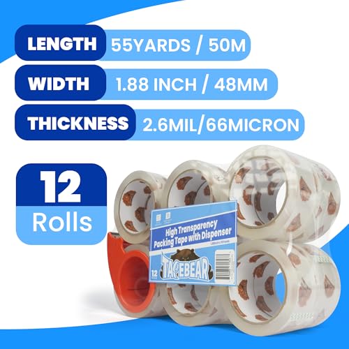 TAPEBEAR Super Clear Packing Tape with Dispenser 1.88" x 55Yards, 2.7mil