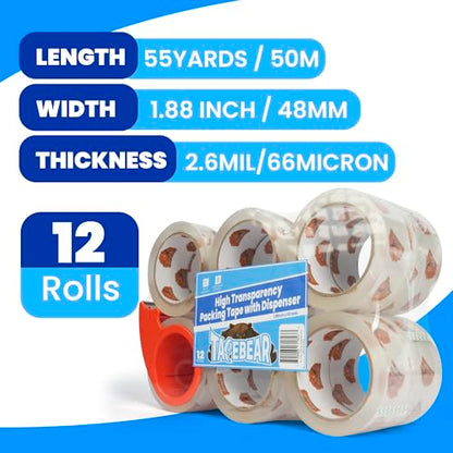 TAPEBEAR Super Clear Packing Tape with Dispenser 1.88" x 55Yards, 2.7mil