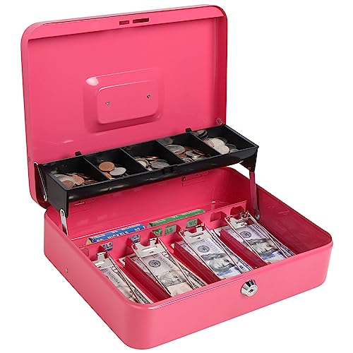 Cash Box with Money Tray and Key Lock, Parrency Large Money Box, 5 Compartments for Cions & 4 Spring-Loaded Clips for Bills, 11.8" x 9.5" x 3.5", K-Pink - color: K-Pink