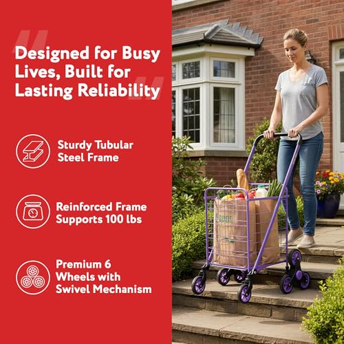dbest Products Stair Climber Cruiser Cart Shopping Grocery Rolling Folding Laundry Basket on Wheels Foldable Utility Trolley Compact Lightweight Collapsible, Purple - color: Purple, style: Stair Climber