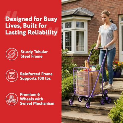 dbest Products Stair Climber Cruiser Cart Shopping Grocery Rolling Folding Laundry Basket on Wheels Foldable Utility Trolley Compact Lightweight Collapsible, Purple - color: Purple, style: Stair Climber