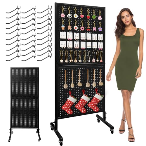 Royxen 5.3 x 1.9 Ft Standing Pegboard Display with T-Base, Locking Wheels and 20 Hooks, Metal Peg Board Display Stand for Craft Shows, Vendors and Retail Stores, Black - color: Black
