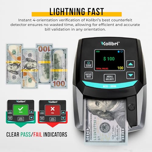 KOLIBRI KCD-2000 Advanced Counterfeit Bill Detector | All-Orientation Counterfeit Detection Bill Counter | Money Counter by Denomination | Detect Fake Bills Fast - size: Small (KCD-2000)