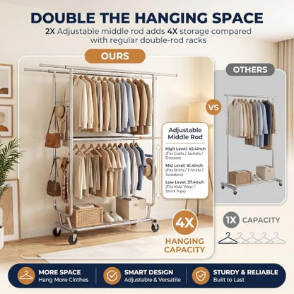 Heavy Duty Clothes Rack with Wheels, Garment Rack Load 660 LBS, Rolling Clothes Rack for Hanging Clothes, Height Adjustable& Scalable& Foldable, for home or commercial, 75"x 22"x 73", Silver - color: 4 Rods& Silver