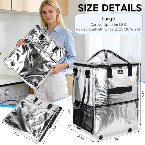 Large Reusable Grocery Bag On 5 Wheels, 130L Foldable Rolling Tote Bag - color: Silver, size: Large