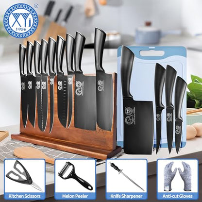 XYJ Professional Knife Sets for Master Chefs, Knife Block Set - color: Full Black, size: 16 in 1 with block