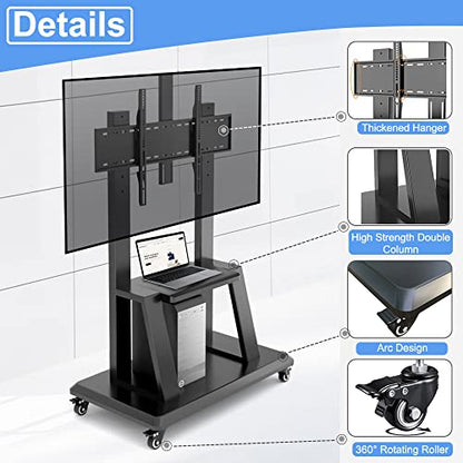 Hellsehen Mobile TV Stand,Rolling TVs Cart on Wheels Height Adjustable Heavy-Duty Floor Stand Base for 32-75 Inch LCD LED OLED Flat Panel Screens Smartboard Movable Holds up to 220lbs with Shelf - size: 32"-75"