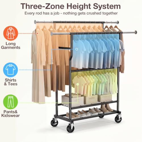 Heavy Duty Clothes Rack Load 960LBS, Adjustable Three Rods Rolling Garment Rack with Double-Layer Bottom Shelf, Portable Commercial Clothing Rack for Hanging Clothes with Wheels, Black - color: Black