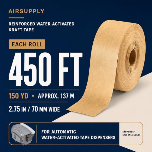 AIRSUPPLY 2.75 in x 450 ft Water Activated Reinforced Kraft Tape, 4 Rolls