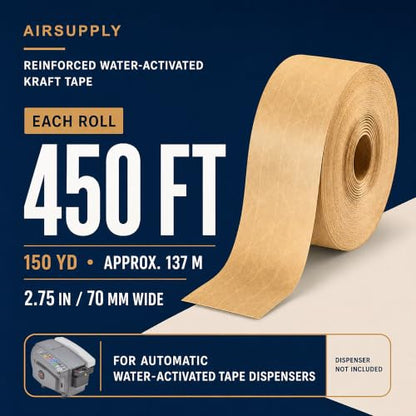 AIRSUPPLY 2.75 in x 450 ft Water Activated Reinforced Kraft Tape, 4 Rolls
