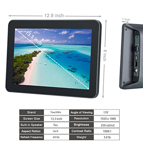 13.3 inch Capacitive Multi-Touch Screen Industrial Monitor, 16:9 Display 1920 x 1080P, Built-in Speakers, VGA & HD-MI Monitor for PC, POS, Small Business, Restaurant - size: 13.3-inch