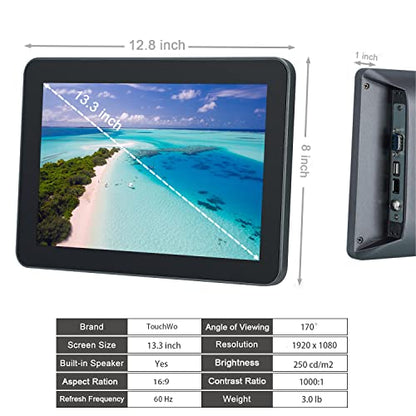 13.3 inch Capacitive Multi-Touch Screen Industrial Monitor, 16:9 Display 1920 x 1080P, Built-in Speakers, VGA & HD-MI Monitor for PC, POS, Small Business, Restaurant - size: 13.3-inch