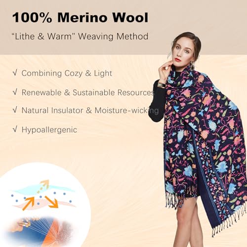 DANA XU 100% Merino Wool Extra Large Pashmina Shawl for Women - color: Navy Pink Floral
