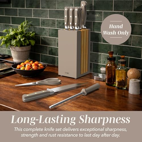 COOK WITH COLOR 14 Pieces Kitchen Knife Block Set, Knives for Kitchen, Forged Cutlery with Razor-Sharp High Carbon Steel Blades, Magnetic Block - color: Brown
