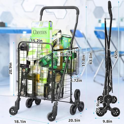 Folding Shopping Cart, Heavy-Duty Stair-Climbing Grocery Cart with 360° Swivel Wheels - Extended Foam Handle - Utility Trolley for Laundry, Travel, Shopping - size: Stair-Climbing Medium+No Bag