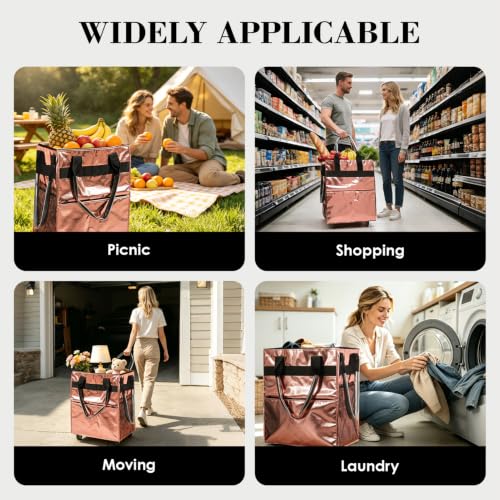 Reusable Grocery Bag on 4 Swivel Wheels, 60L Large Rolling Tote Bag - color: Pink