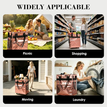 Reusable Grocery Bag on 4 Swivel Wheels, 60L Large Rolling Tote Bag - color: Pink