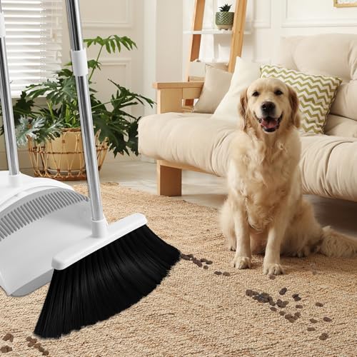 Broom and Dustpan Set, 52" Longe Adjustable Handle, White - color: White