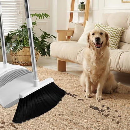 Broom and Dustpan Set, 52" Longe Adjustable Handle, White - color: White