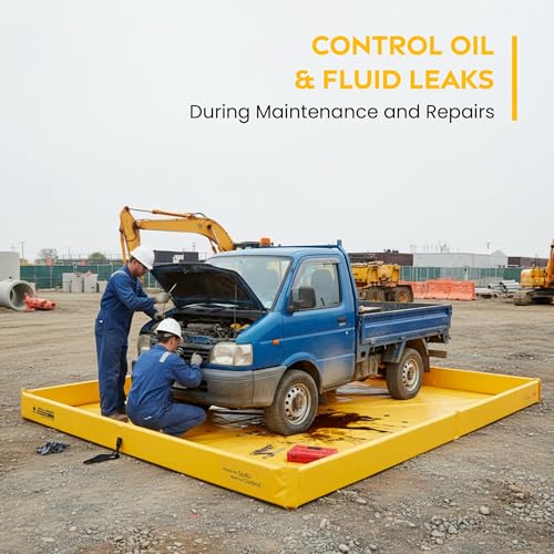 Spill Ready 8' x 8' Foam Wall Spill Containment Berm - 22oz PVC 230 Gallon Sump, 8x8 Secondary Containment Spill Berm | Yellow with 0.75" Drain | Reusable Oil, Fuel & Chemical Spill Tray - size: 8' x 8'
