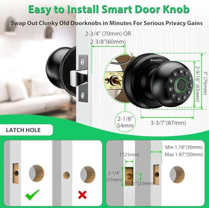 Smart Door Knob Fingerprint Lock 4-in-1 Keyless Entry (Fingerprint/App/Code/Key) Biometric Door with Auto-Lock Easy Install for Home/Bedroom/Office-Black - color: Black