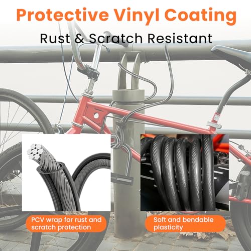 Security Cable with Loops, 10MM Heavy Duty Lock Cable, 4FT 7FT 10FT 15FT 25FT 30FT Vinyl Coated Rust-Proof Flexible Steel Bicycle Security Cable for Motorcycle, Furniture, Gates (Black, 25FT) - size: 25FT
