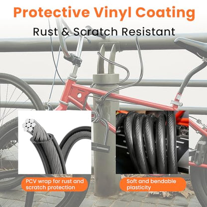Security Cable with Loops, 10MM Heavy Duty Lock Cable, 4FT 7FT 10FT 15FT 25FT 30FT Vinyl Coated Rust-Proof Flexible Steel Bicycle Security Cable for Motorcycle, Furniture, Gates (Black, 25FT) - size: 25FT