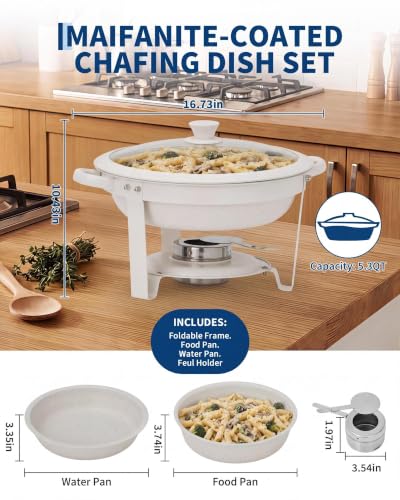 GarveeHome 5QT Round Chafing Dish Buffet Set of 2, Maifanite-Coated White Chafing Dish with Transparent Lids, Stainless Steel Commercial Food Warmers for Parties, Weddings, Restaurants & Catering - size: 5QT-2 Pack