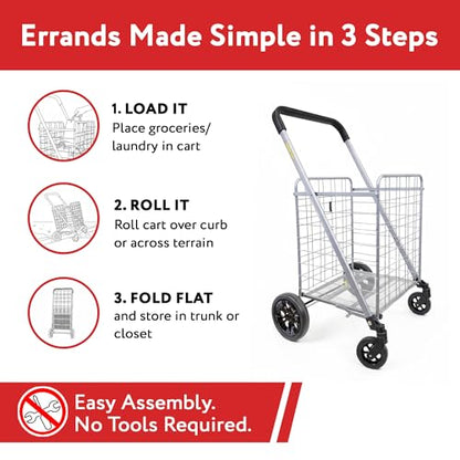 dbest Products Cruiser Cart Deluxe 2 - Foldable Shopping Cart with Wheels & Brake System - Heavy Duty Collapsible Utility Cart for Groceries & Laundry - Holds 100 lbs - Silver, Alloy Steel - color: Silver, style: Deluxe 2